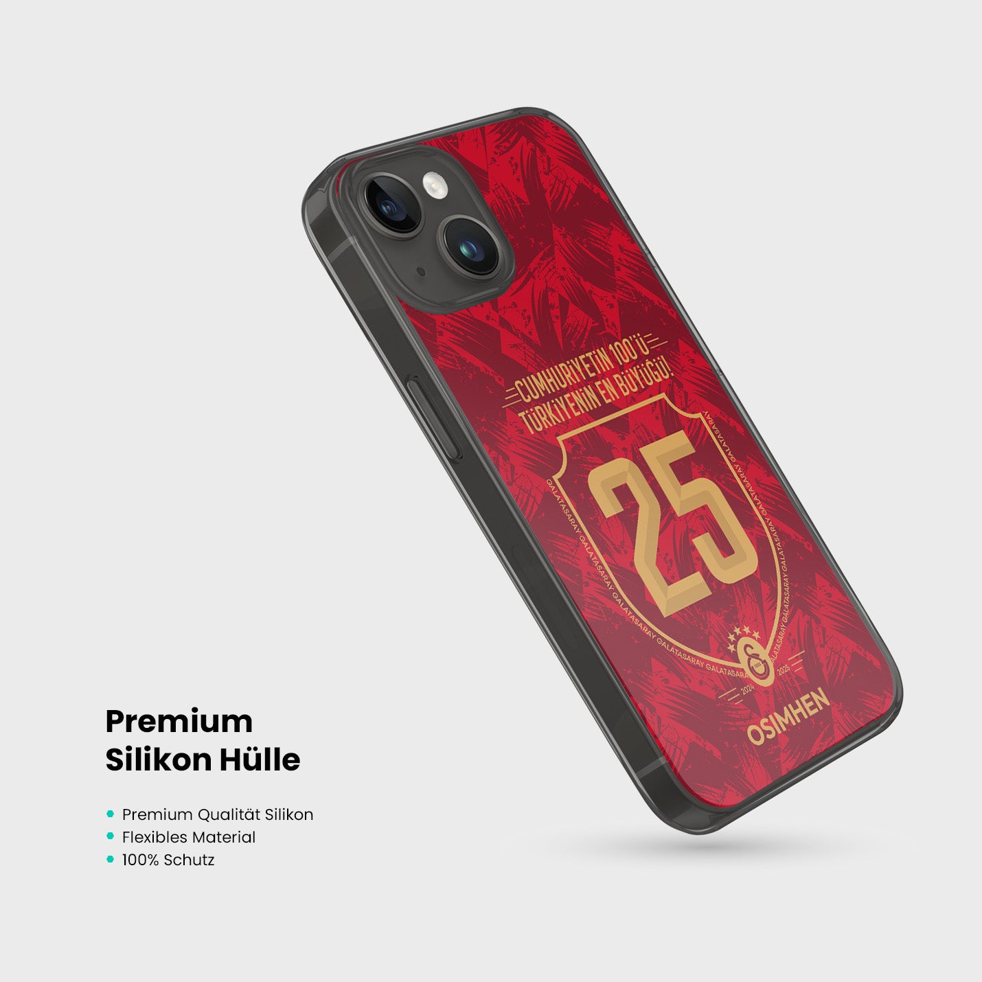 Personalisierte Galatasaray Handyhülle - Şampiyon 2025 Trikotnummer Rot Gold - 1instaphone
