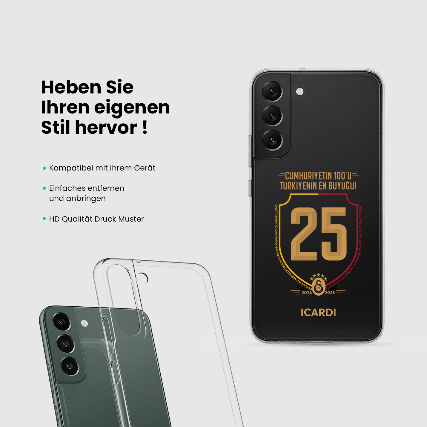 Personalisierte Galatasaray Handyhülle - Şampiyon 2025 Wappen Trikotnummer - 1instaphone