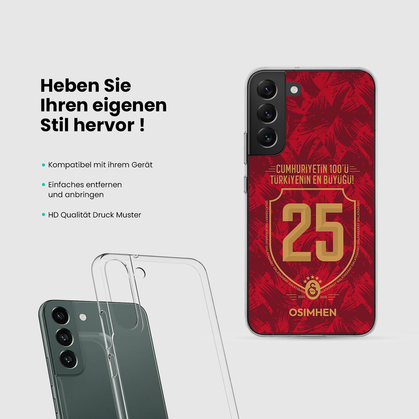 Personalisierte Galatasaray Handyhülle - Şampiyon 2025 Trikotnummer Rot Gold