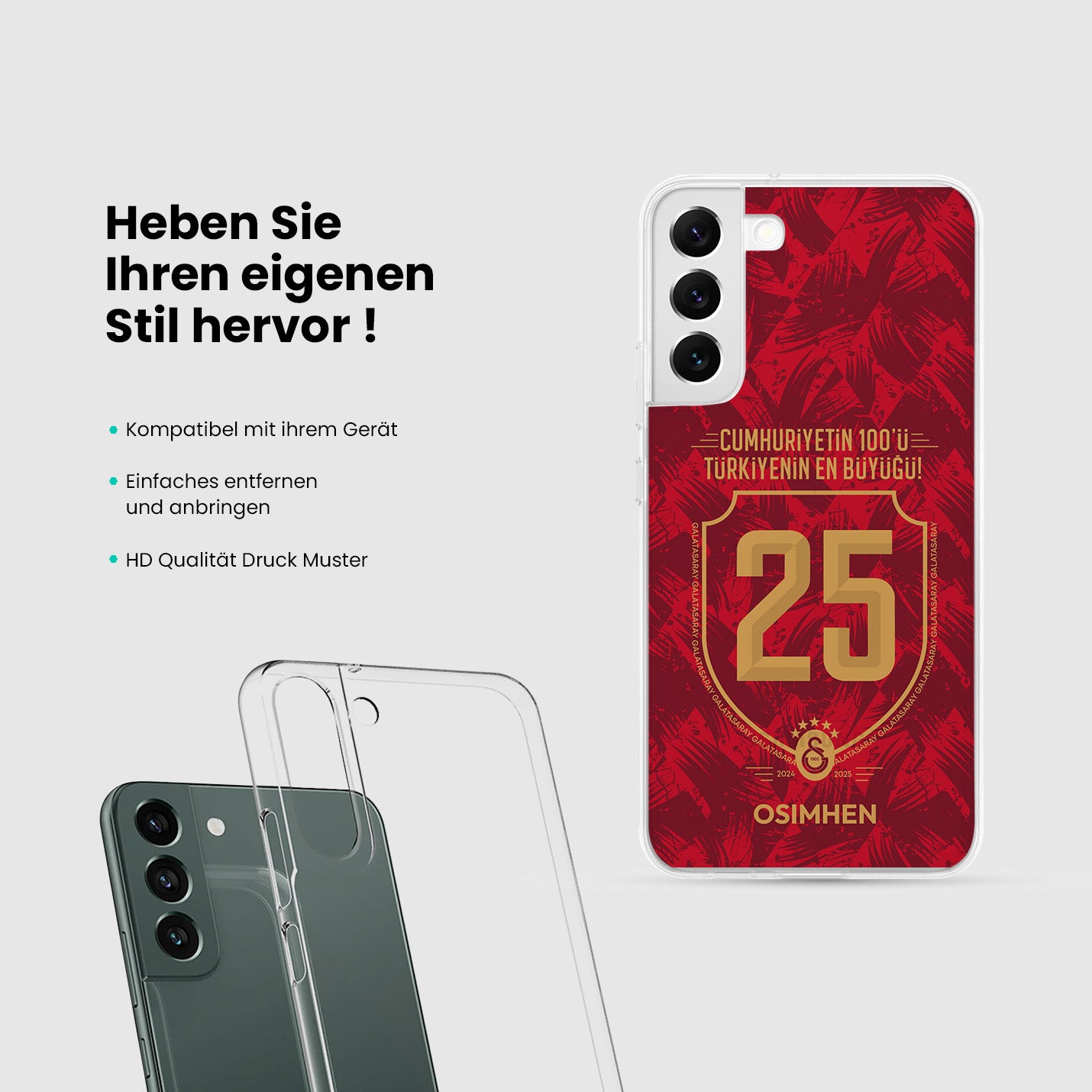 Personalisierte Galatasaray Handyhülle - Şampiyon 2025 Trikotnummer Rot Gold - 1instaphone